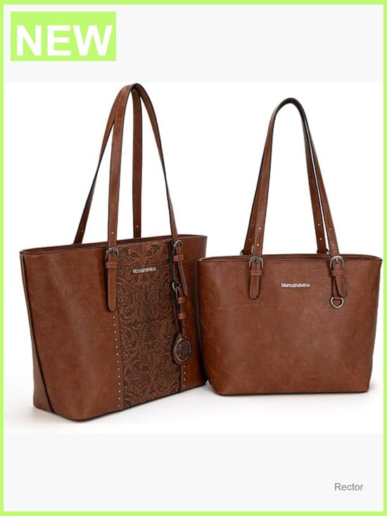 Handbags - Embossed Vegan Leather Tote Bag Set with Adjustable Strap - Laptop Ready